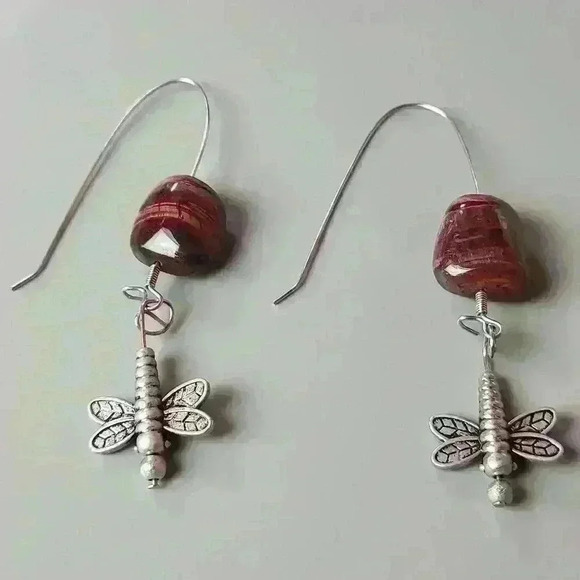 Vintage southwestern gemstone silver tone dragonfly earrings - Picture 4 of 11